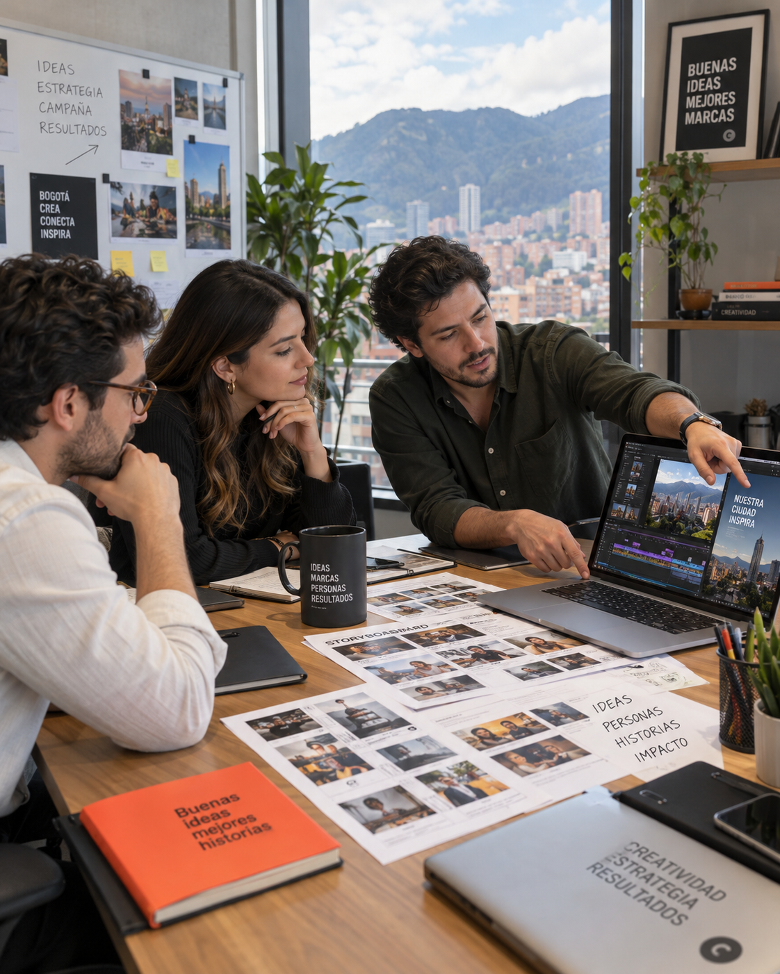 Equipo creativo analizando ideas en pantalla